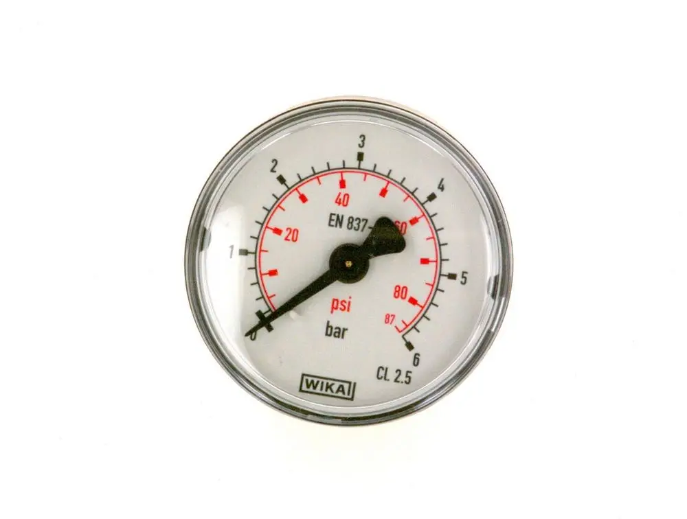 Manometer mit weißen Ziffern und roten Markierungen, zur Druckmessung geeignet. Der Drehzeiger zeigt den Druck an. Marke Bosch ist im unteren Bereich sichtbar.